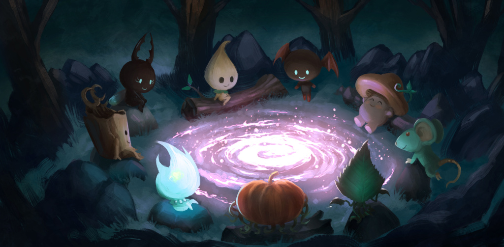 Spritely characters gathered around a 'campfire' universe being born