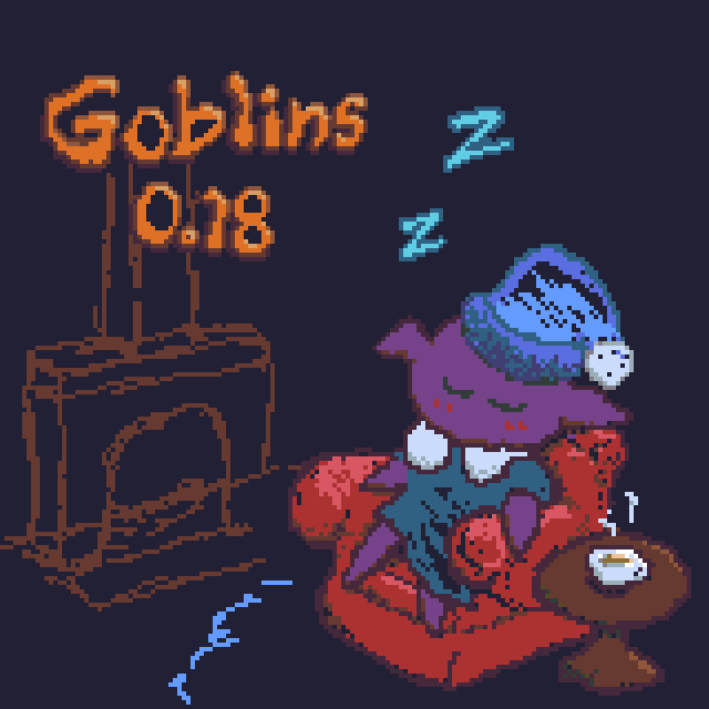 Goblins version 0.18.0 release art: a Spritely goblin takes a nap in a chair by a fireplace, tea steams on a nearby table