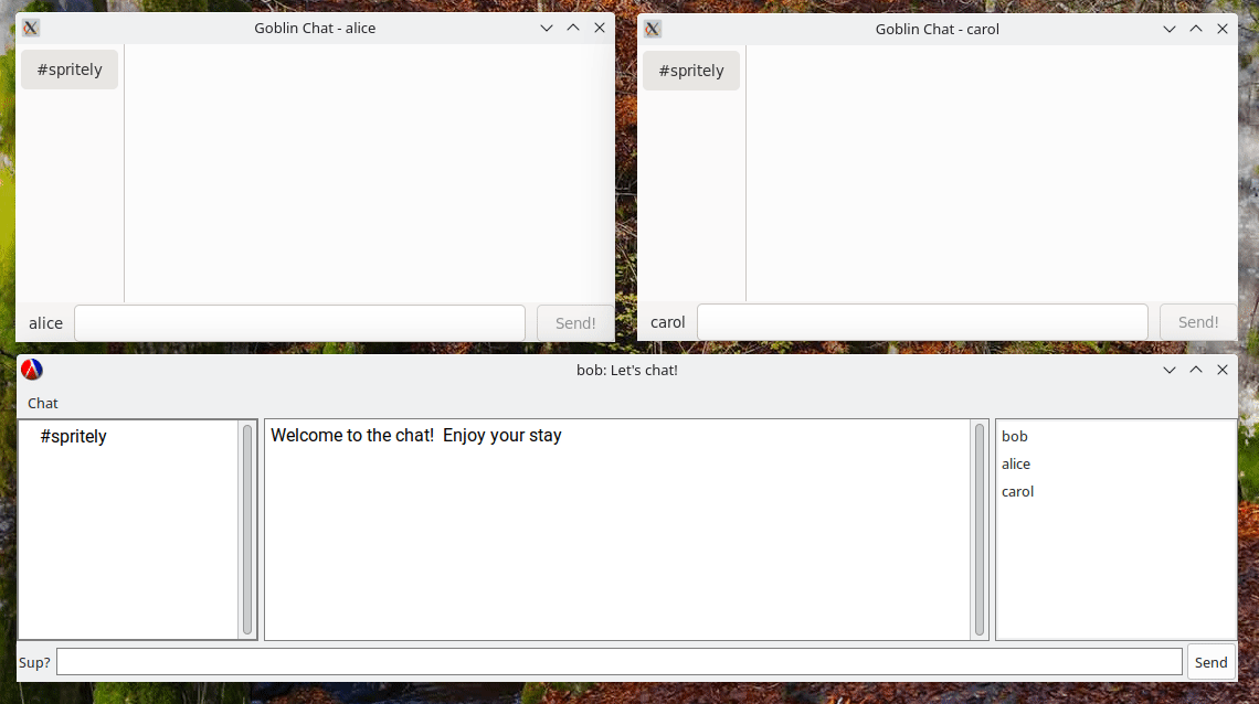 Three users talking across both Goblins and Racket versions of goblin-chat